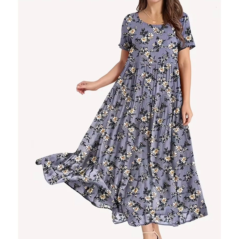 Lavender Floral Tiered Maxi Dress with Short Sleeves